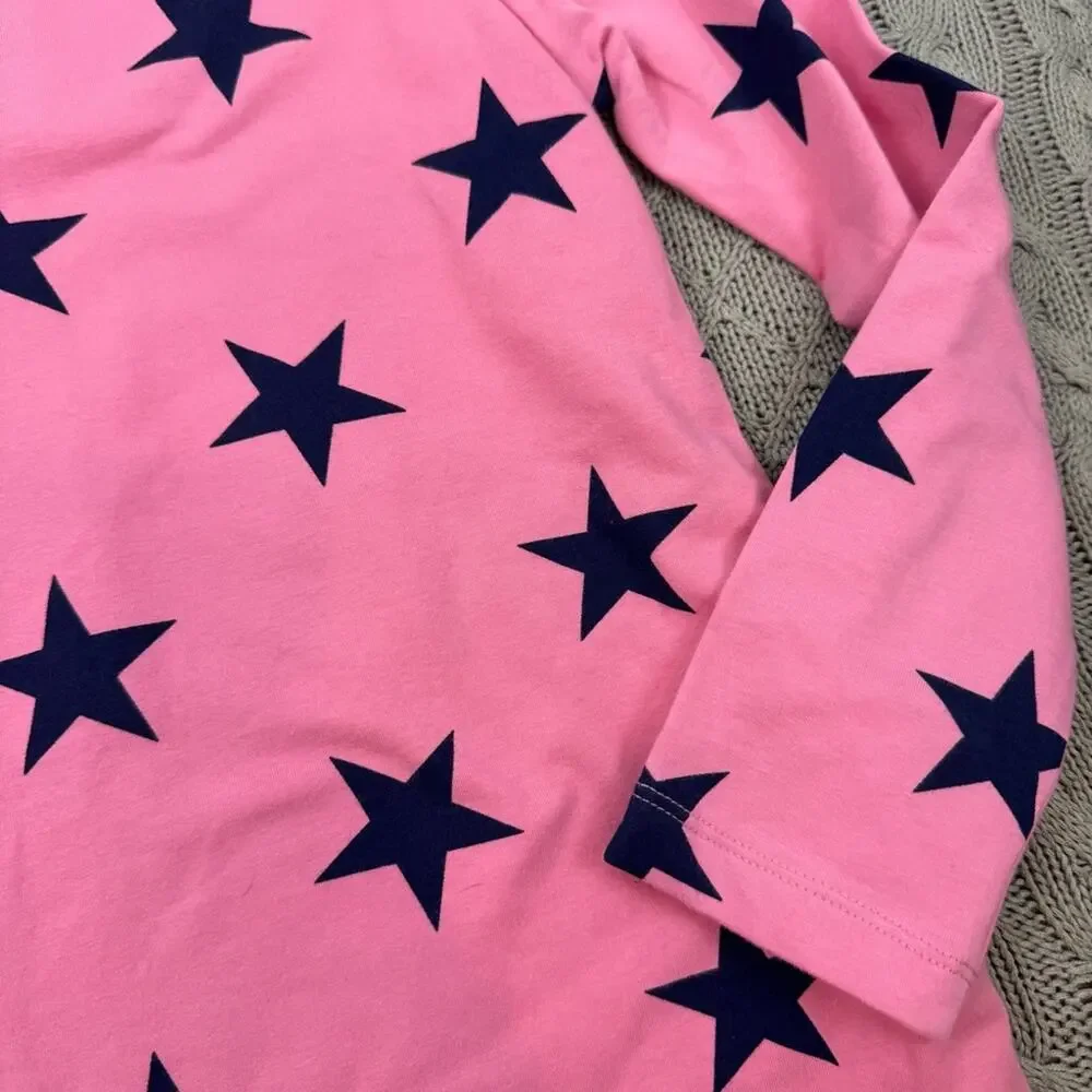 Primary Girls Long Sleeved Pink Dress with Navy Star Accents & Pockets 8/9